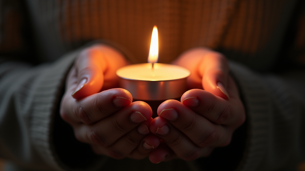 Close-up view of hands holding a small candle during a grief group remembrance ceremony