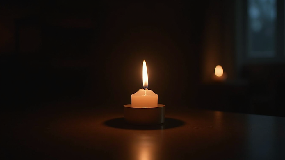 Close-up view of a single candle burning softly in a dark room