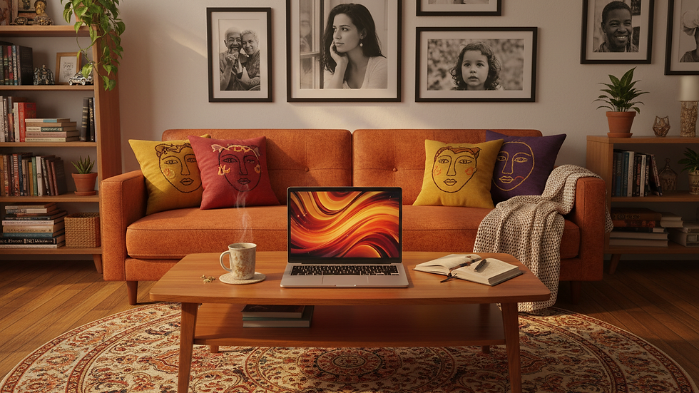 Eye-level view of a cozy living room with a laptop on a wooden table