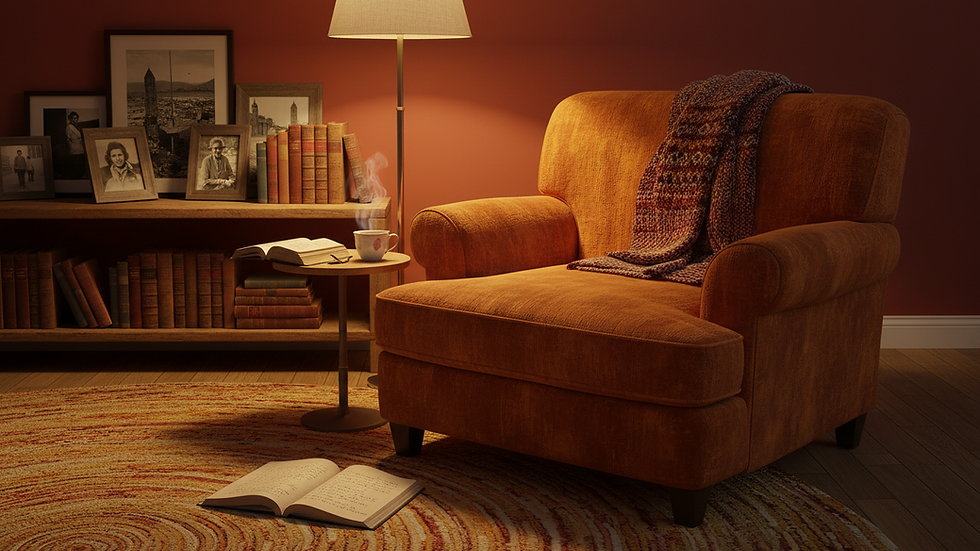 Eye-level view of a cozy room with a comfortable chair and soft lighting