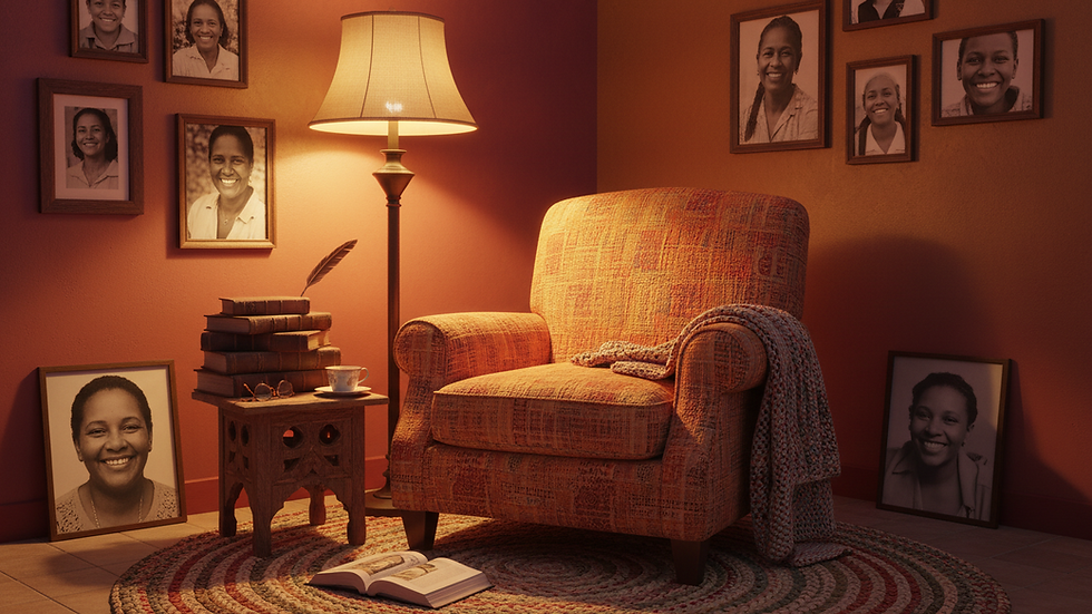 Eye-level view of a cozy room with a comfortable chair and soft lighting