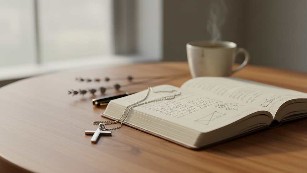 Close-up view of a journal and a cross necklace on a wooden table