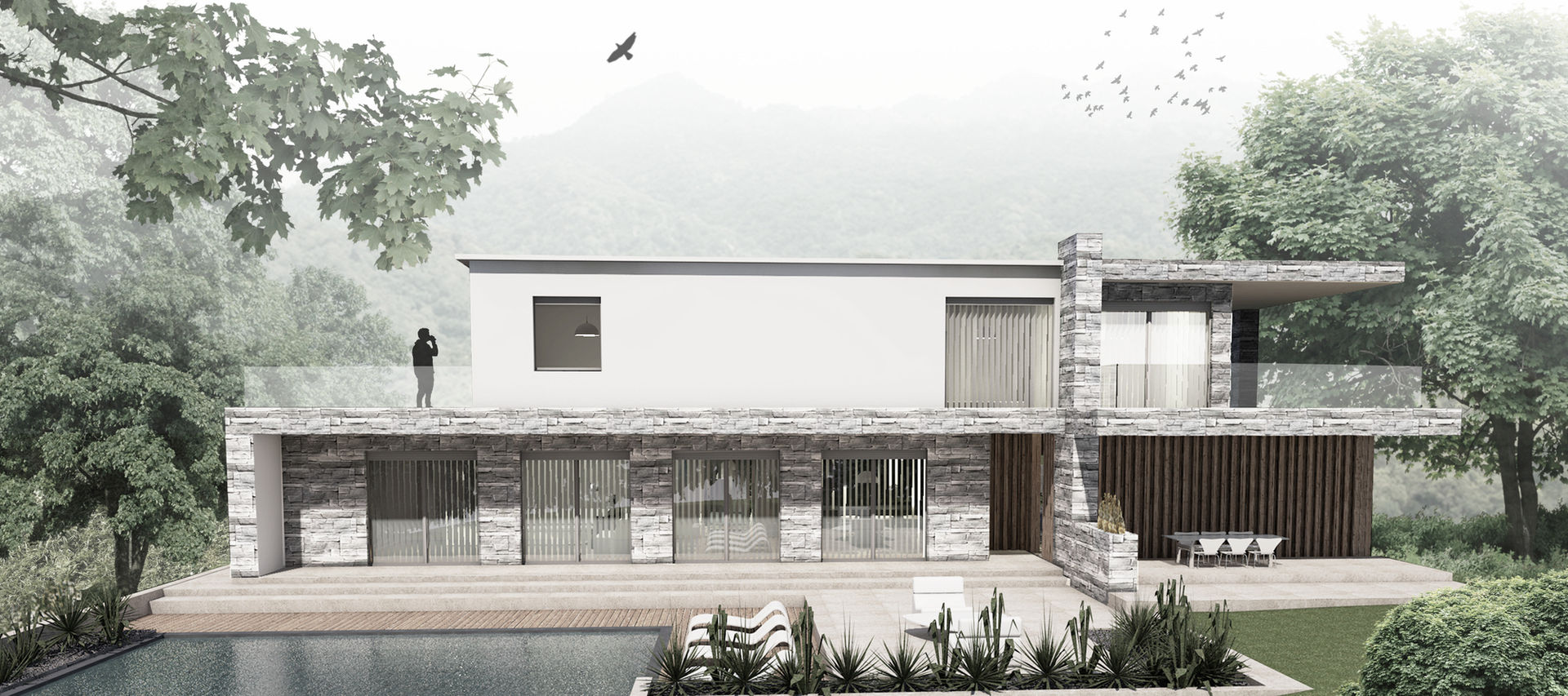 villa piscina sasso legno moderno natura verde progetto 