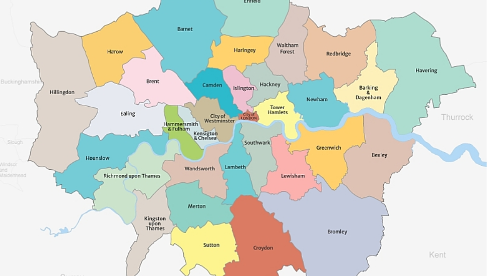 Coloured map showing London borough boundaries and the M25 coverage area