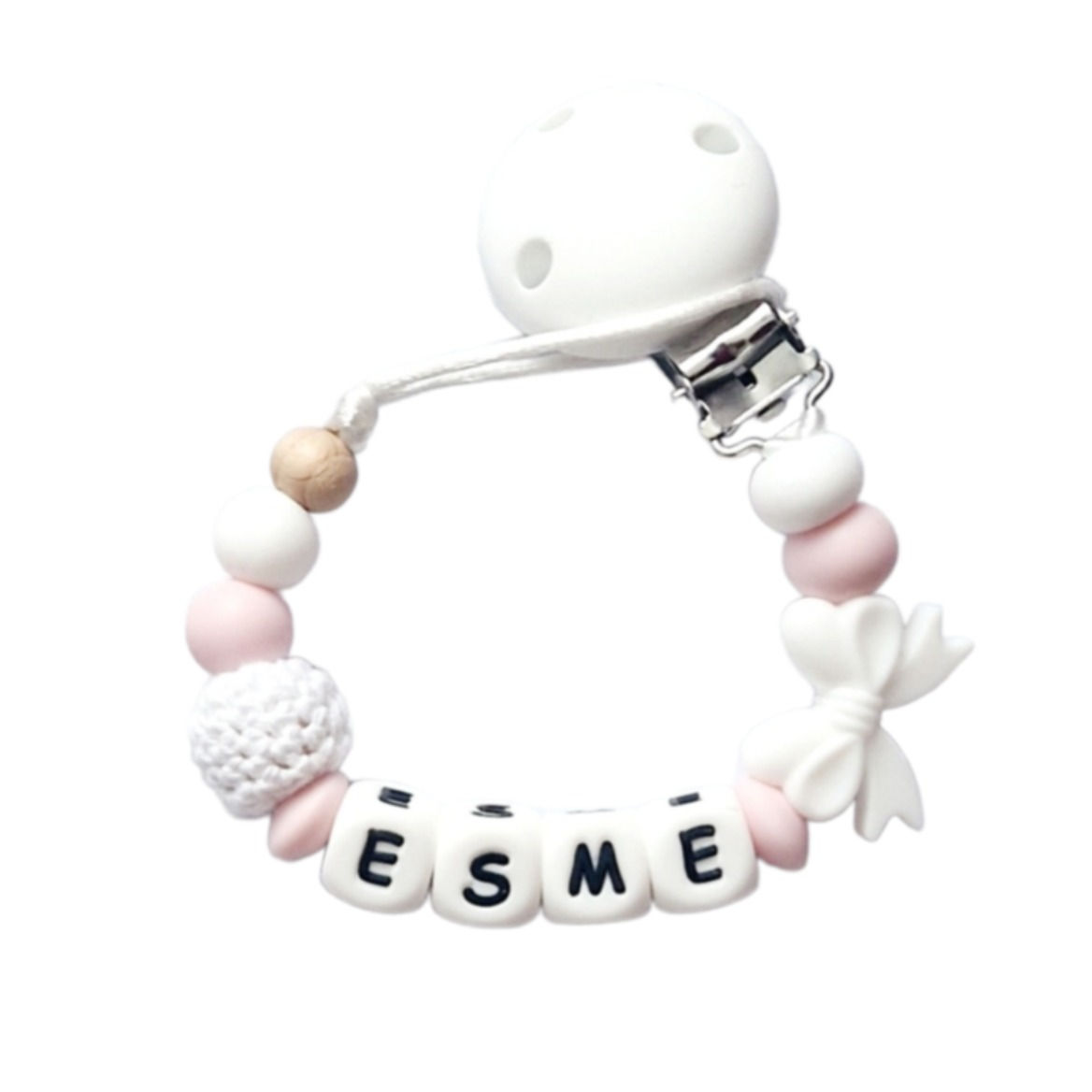 Pink and White Crochet Bow Dummy Clip