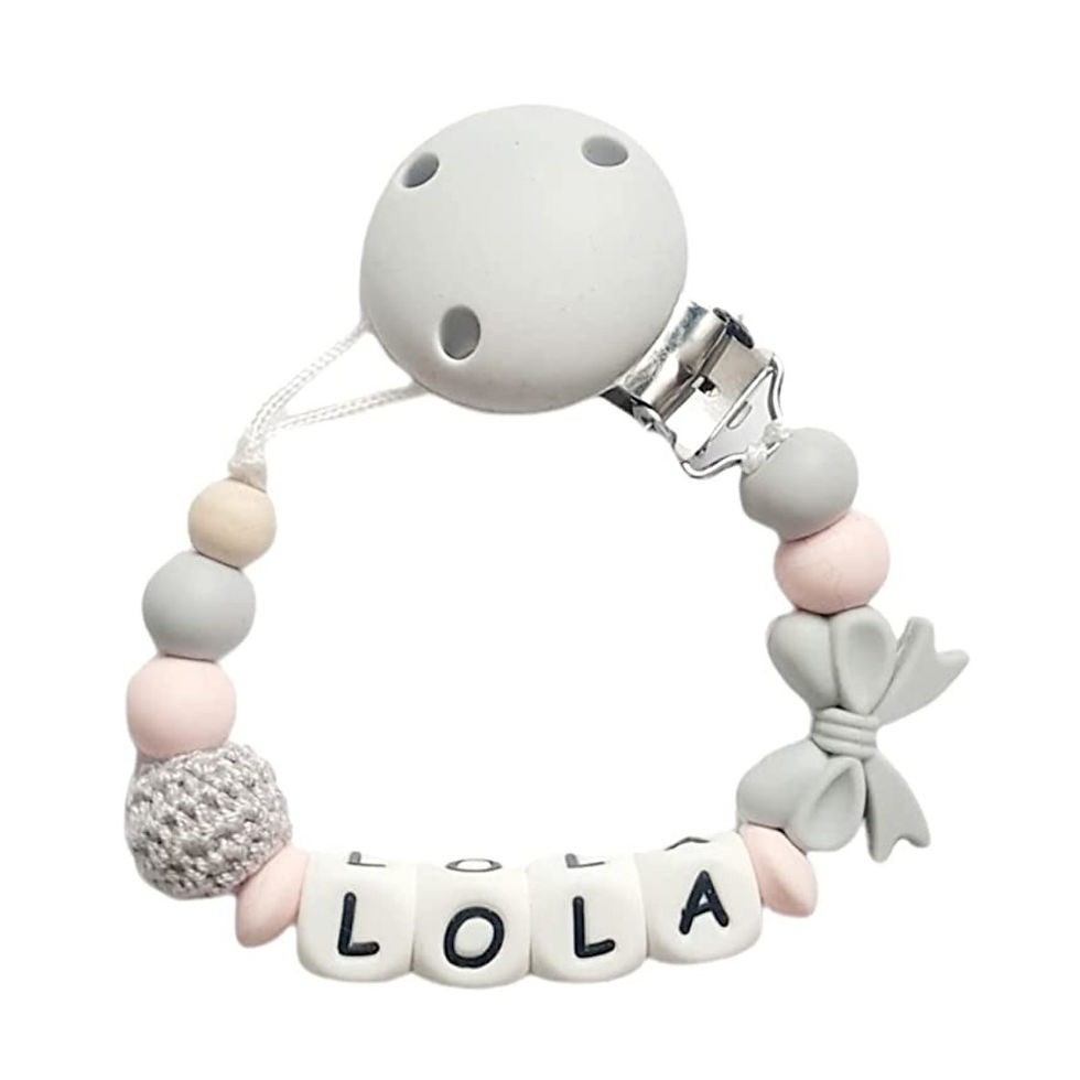 Grey and Pink Crochet Bow Dummy Clip