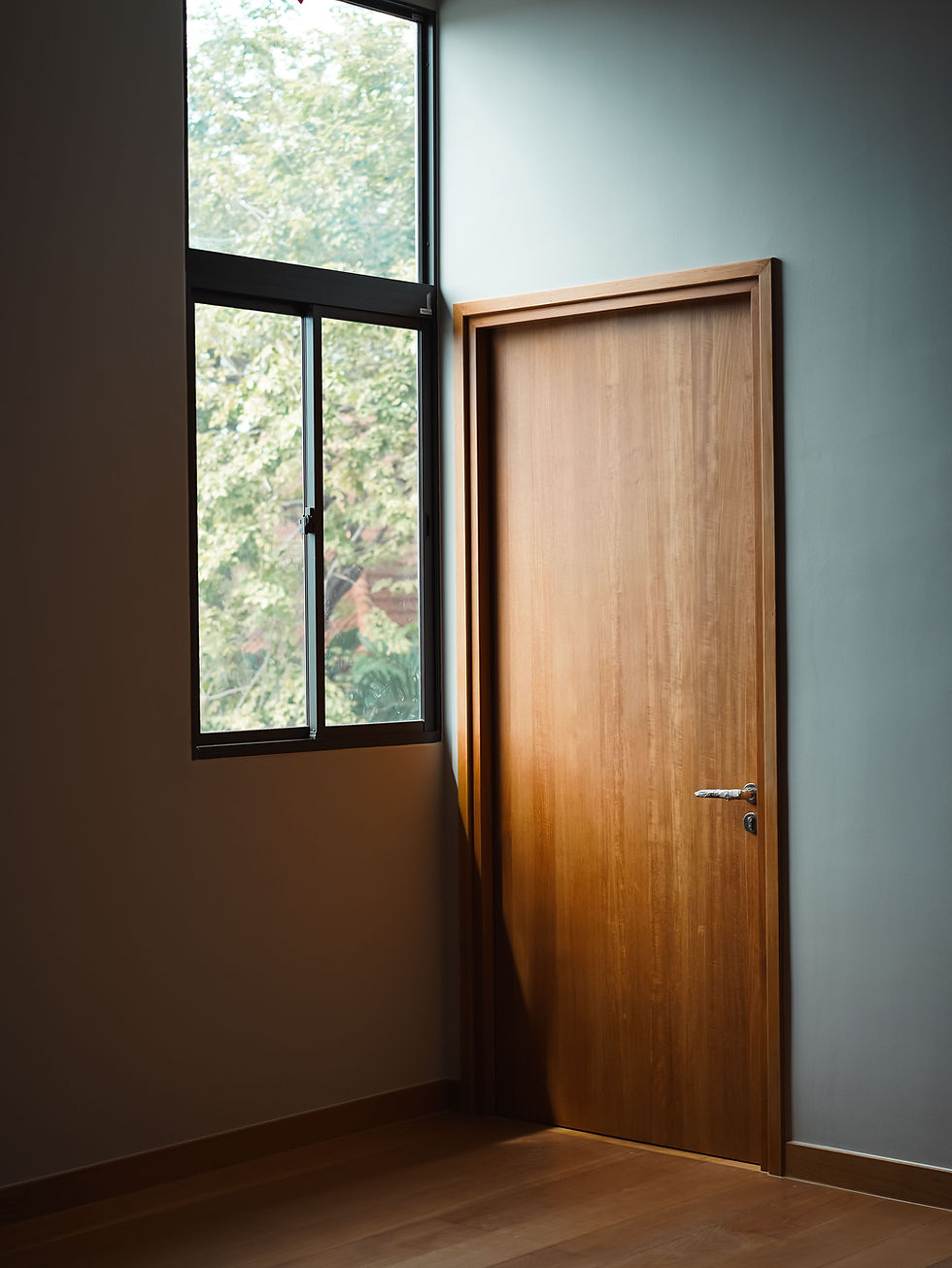 A custom minimalist flat-panel solid wood interior door by THAVII, featuring a warm natural wood grain that contrasts beautifully against a moody transitional dark grey wall, illuminated by natural window light.