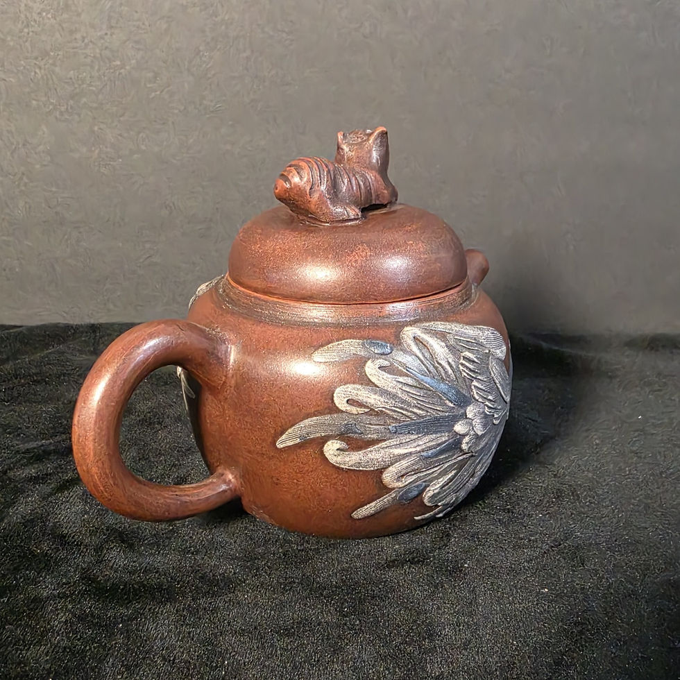 Thumbnail: Chinese Yixing Zisha Clay Teapot Dragon Relief Interior Dragon & Tiger 4.5in