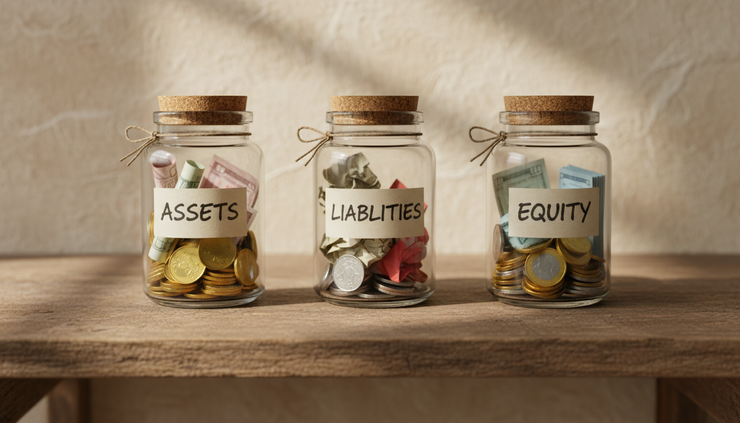 Close-up view of labeled glass jars for assets, liabilities, and equity on a wooden shelf.