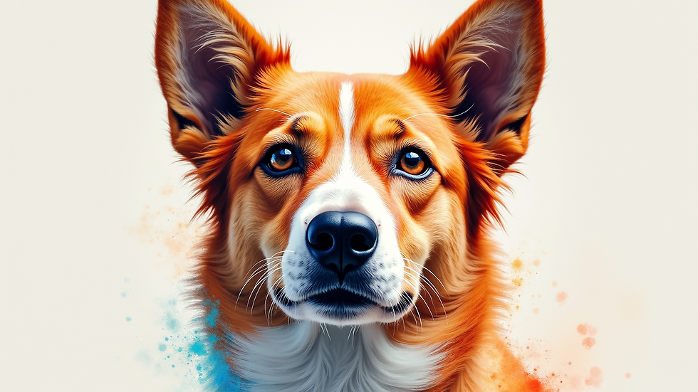 Close-up view of a colorful watercolor print of a dog