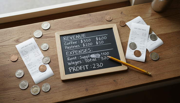 Overhead view of a chalkboard menu with revenue and expense notes beside coins and receipts.