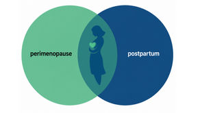 A Venn Diagram showing the overlap of perimenopause and postpartum with a woman at the overlap