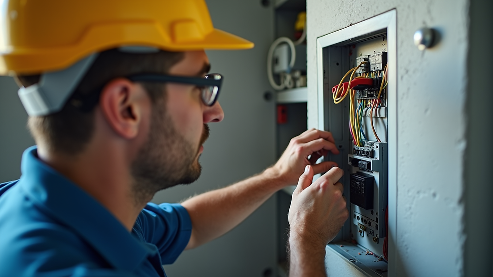 High angle view of a professional electrician inspecting a home electrical panel
