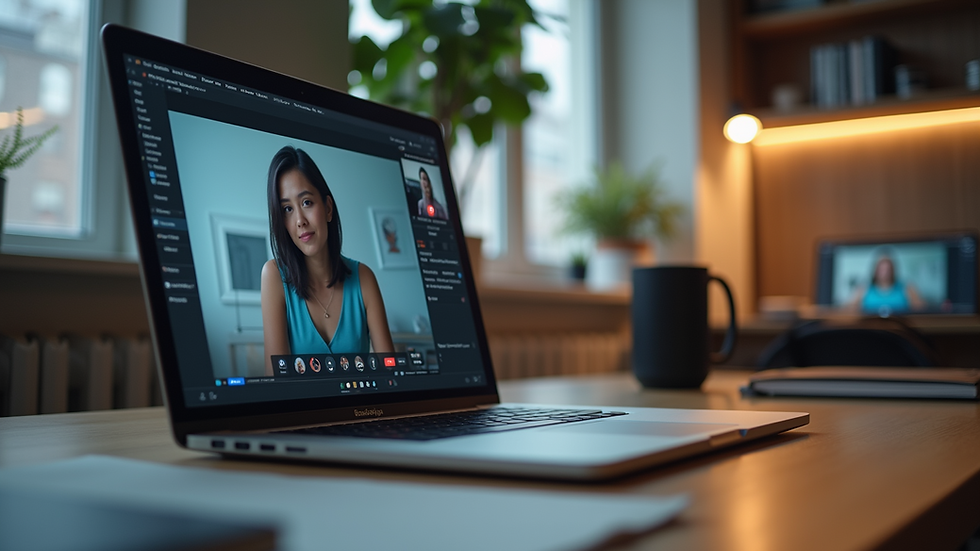 Eye-level view of a modern workspace with a laptop and video conferencing setup