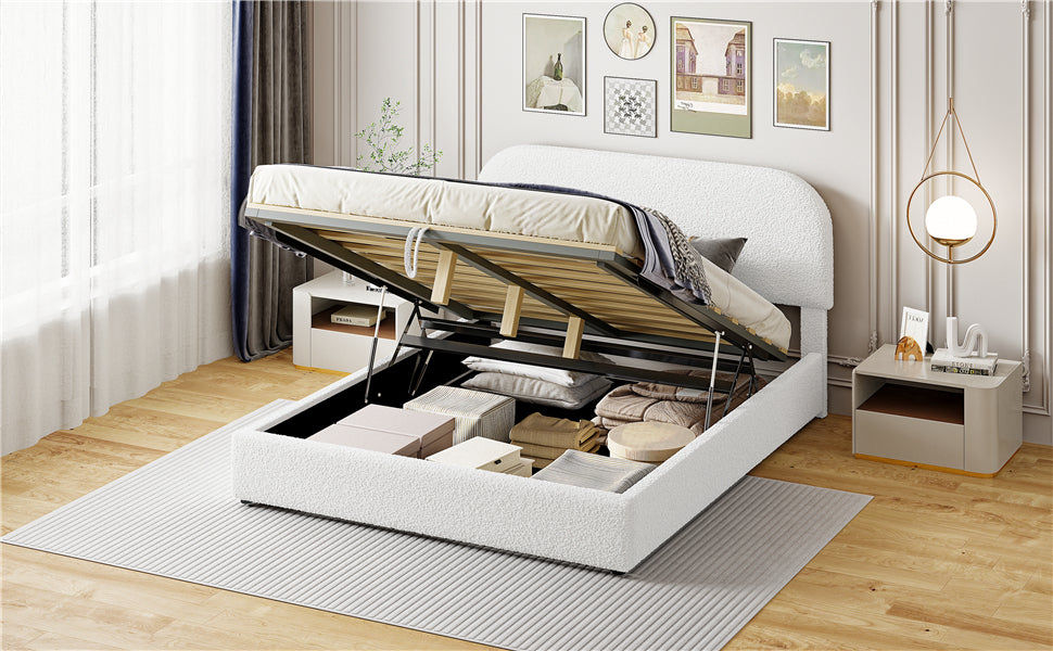Thumbnail: Queen Size Upholstered Platform Bed With Hydraulic Storage System, White