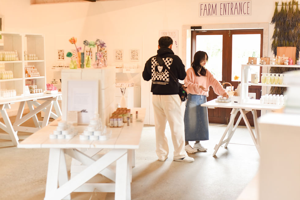 wanaka lavender farm shop with handmade lavender products, customers shopping