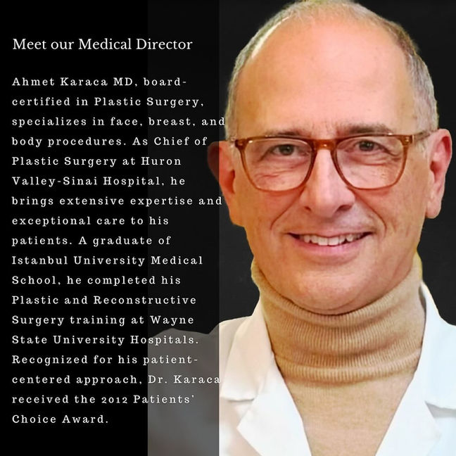 Dr. Ahmet Karaca in glasses smiling, Medical Director, plastic surgery specialist.