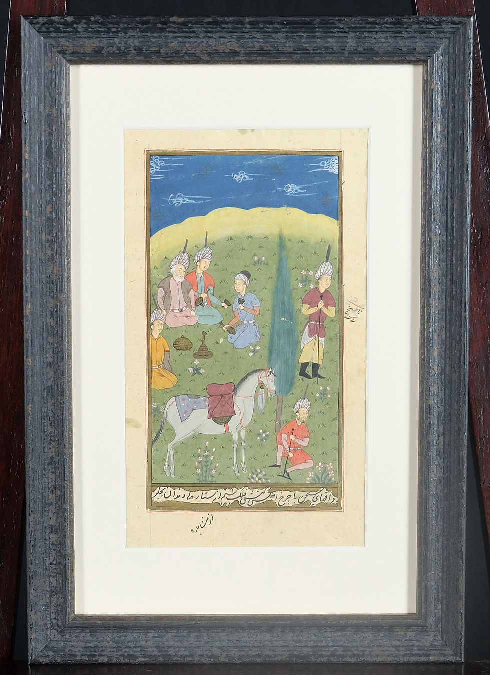 Persian hand painted book Illustration, image 19 x 11cms, framed and mounted 34.