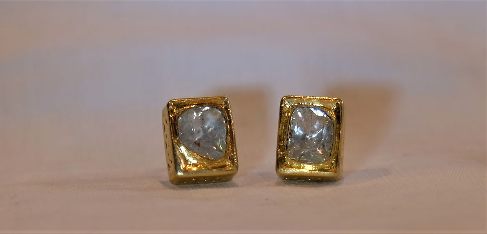 Thumbnail: A pair of rectangular silver gilt and polki diamond large ear studs