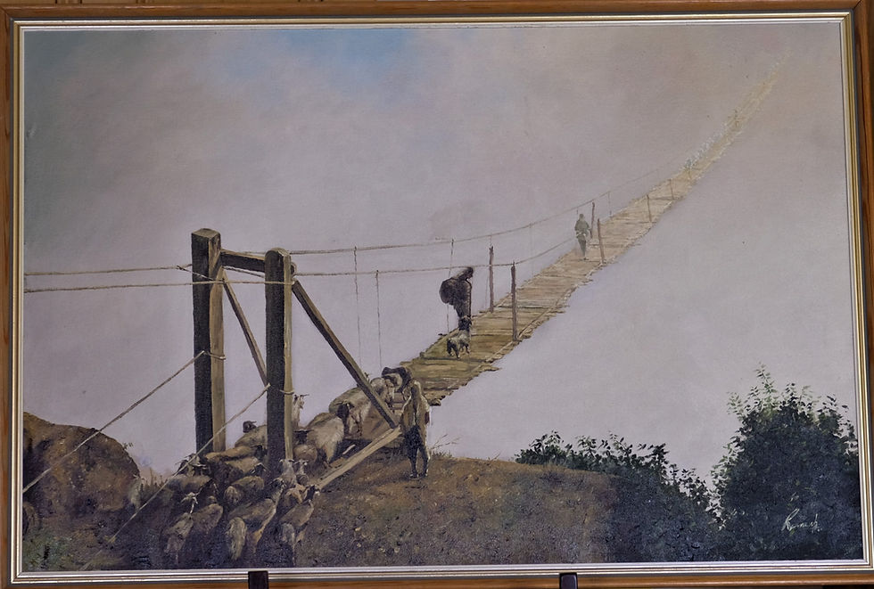 ‘Crossing the Bridge’, 20th century Nepalese oil on canvas