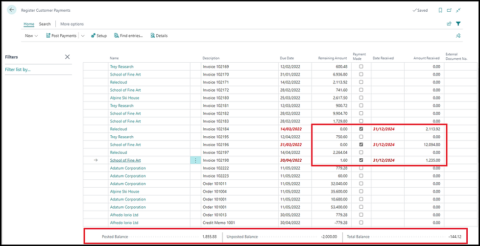 Register Customer Payment page: note the balance fields at the bottom of the page