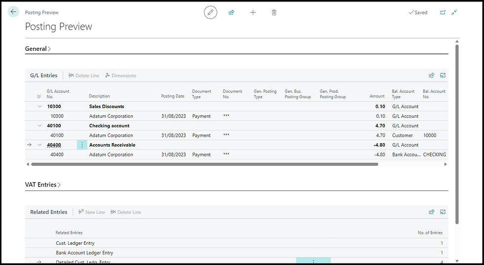 Posting preview of a payment journal with a payment discount. The sales discount balance posts to the setup account and balances AR