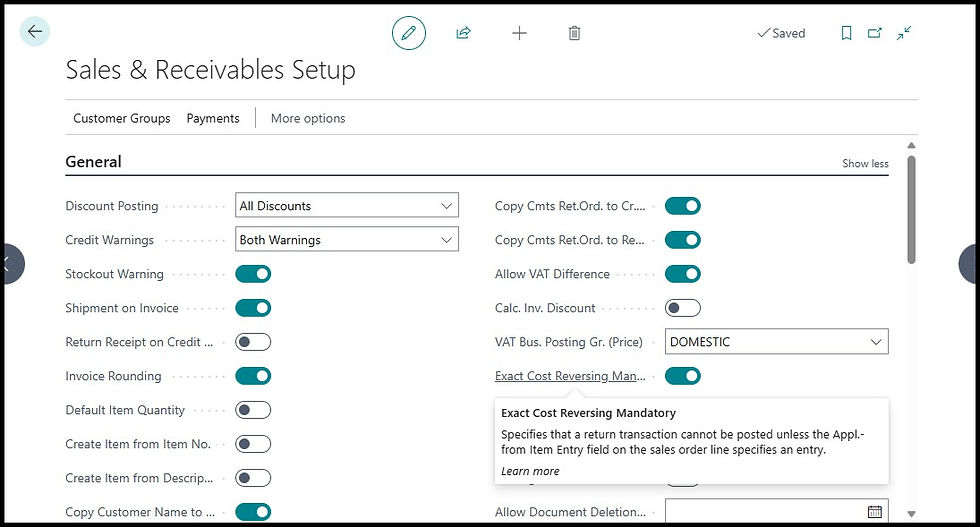 Sales & Receivables Setup