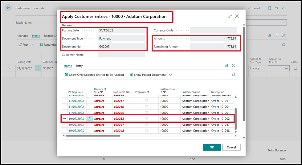 Apply Customer Entry page. Header and lines link the journal and the open customer ledger entries