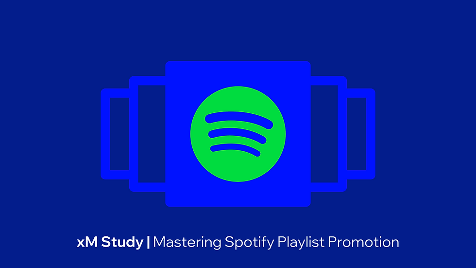 The cover art of this artistry post. The Spotify logo on a tray of cards with text below it that says "xM Study - Mastering Spotify Playlist Promotion"