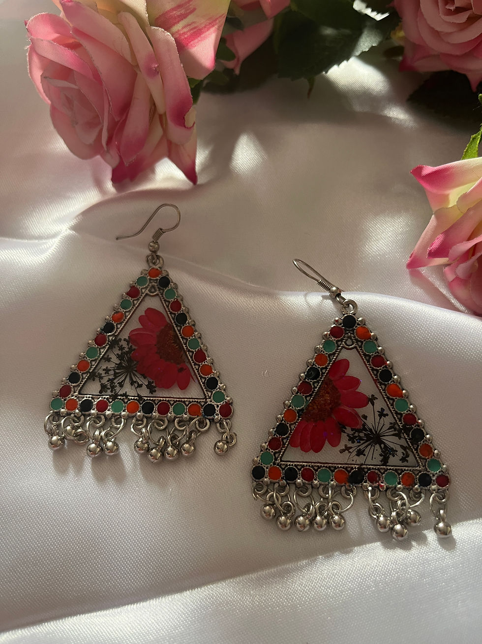 Thumbnail: Triangle- pressed flower jhumkis