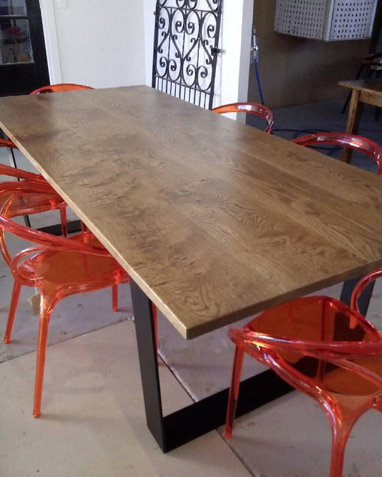 American Oak rustic table with black powder coat base