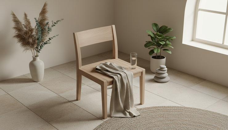 Overhead view of a simple chair, folded blanket and glass of water in a calm wellness room