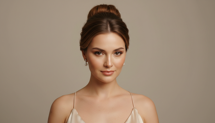 Gros plan d’une femme avec un chignon haut net et lumineux.