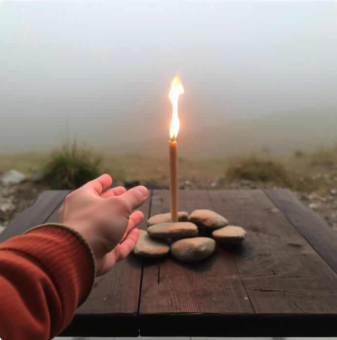 Vue rapprochée d’une main posée au-dessus d’une table avec des pierres et une bougie allumée