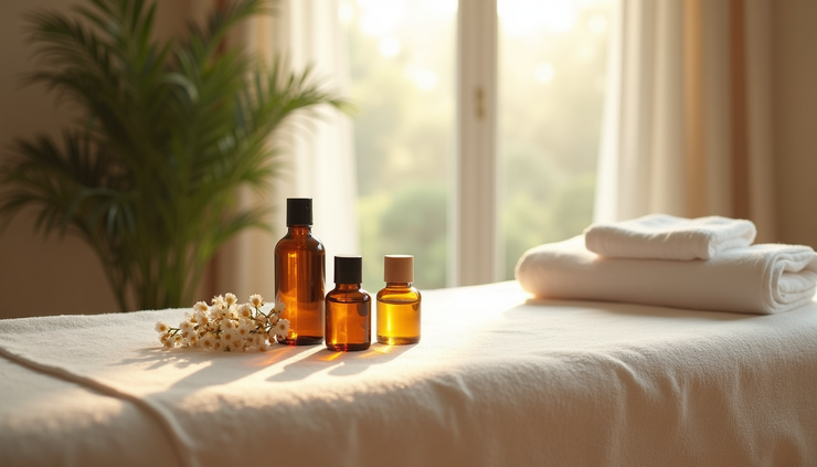 Vue en plongée d'une table de massage avec huiles naturelles et serviettes fraîches