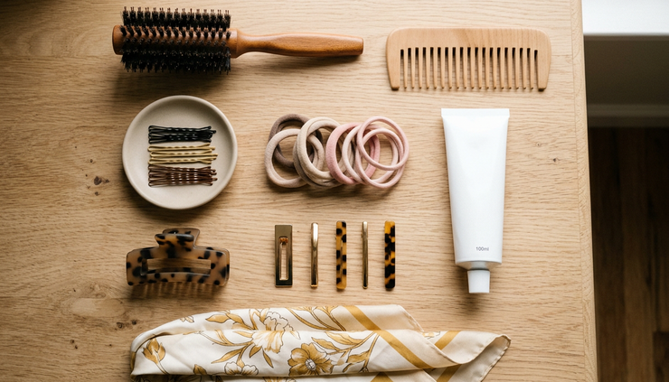 Vue de dessus d’accessoires de coiffure simples posés sur une coiffeuse en bois clair.