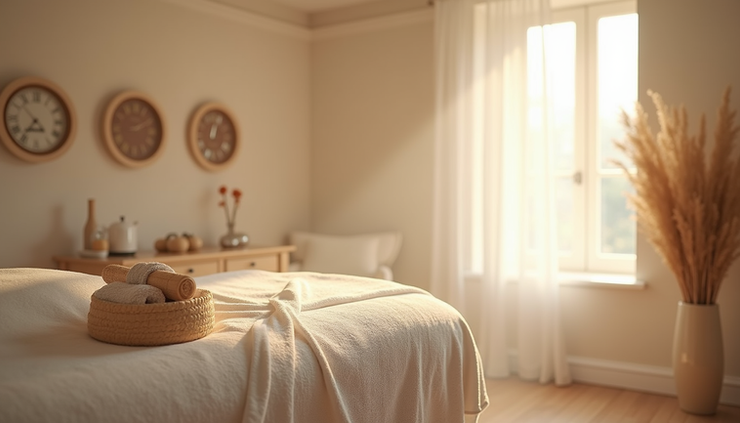 Vue rapprochée d'une pièce calme dédiée au massage naturiste avec lumière tamisée