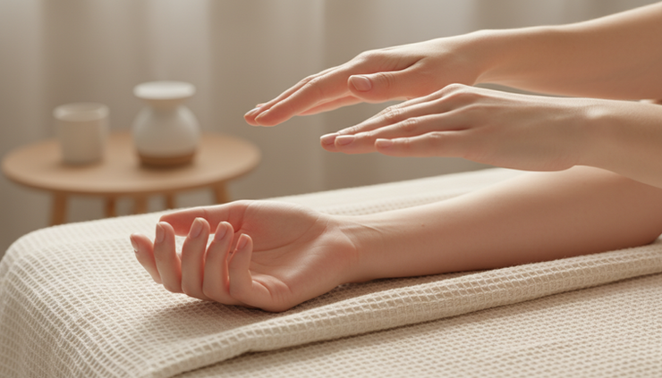 Close-up of relaxed hands held above a forearm without touching it