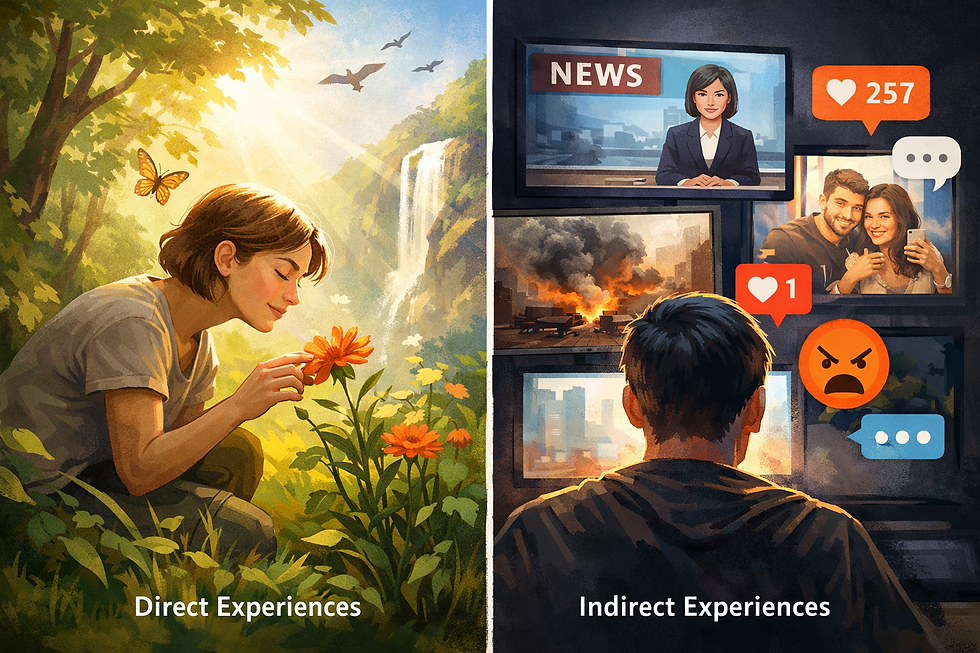 Split image: Left shows a person with a flower in nature, sunny and serene. Right depicts a person looking at screens with news and reactions.