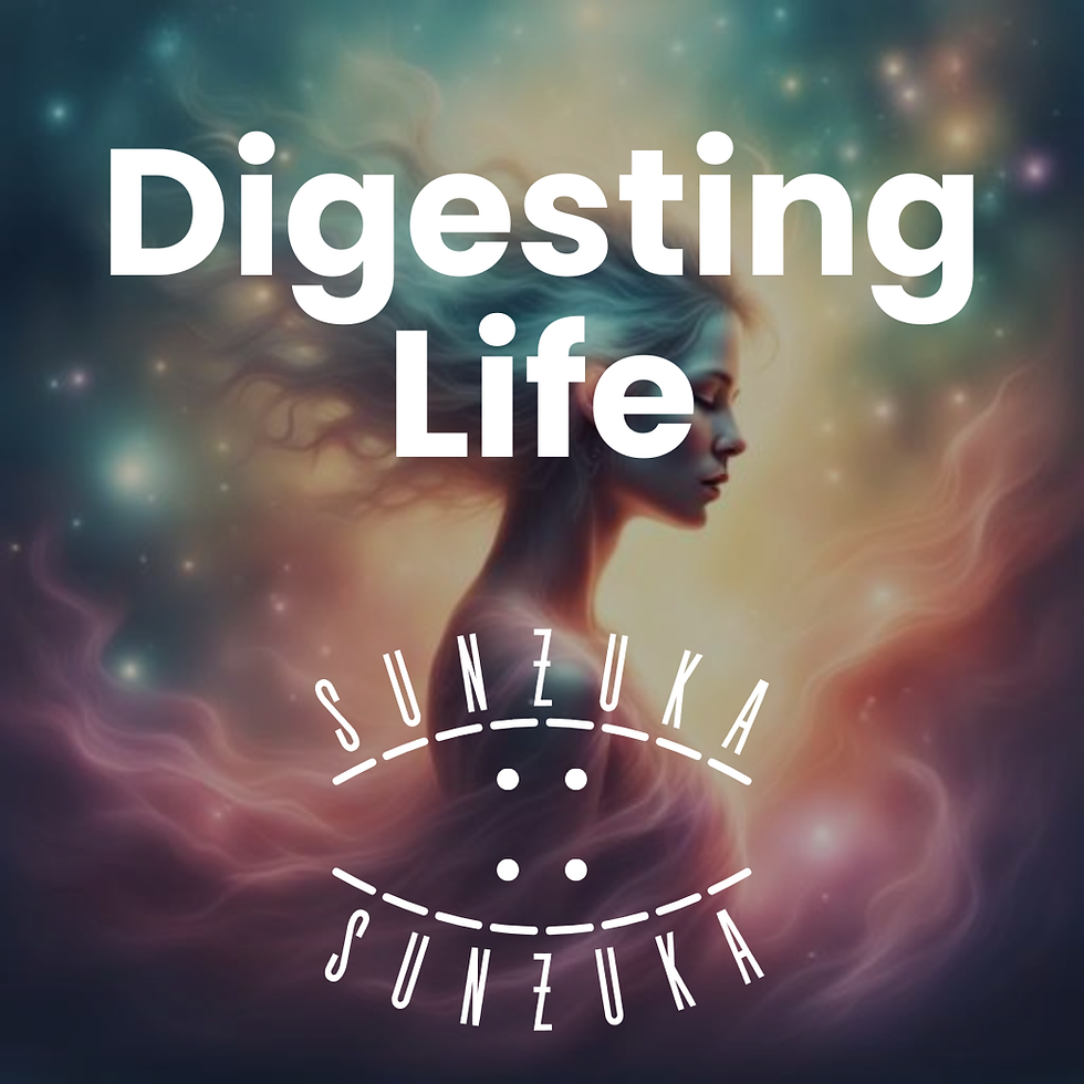 A silhouette of a woman with flowing hair in a cosmic background. Text reads "Digesting Life" and "Sunzuka." Ethereal and serene mood.