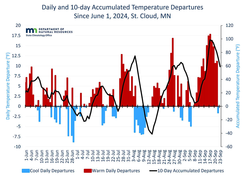 Graph of daily and 10-day accumulated temperature departures back to June 1, 2024 at St. Cloud, showing the greatest relative warmth occurring during the mid-September warm spell. Image created by Minnesota DNR State Climatology Office.