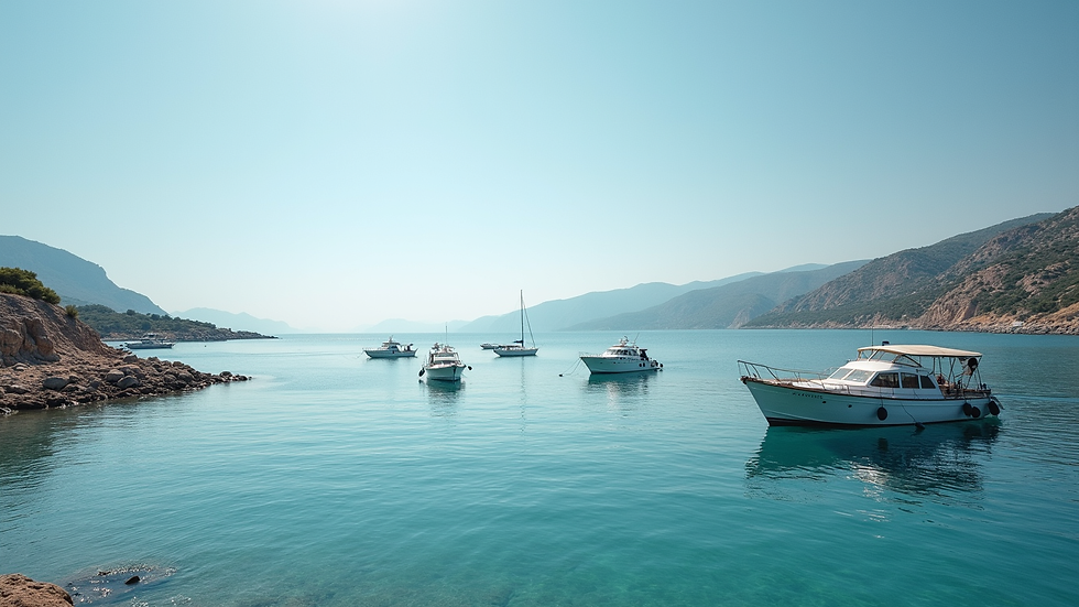 Wide angle view of a calm Greek bay with diving boats anchored
