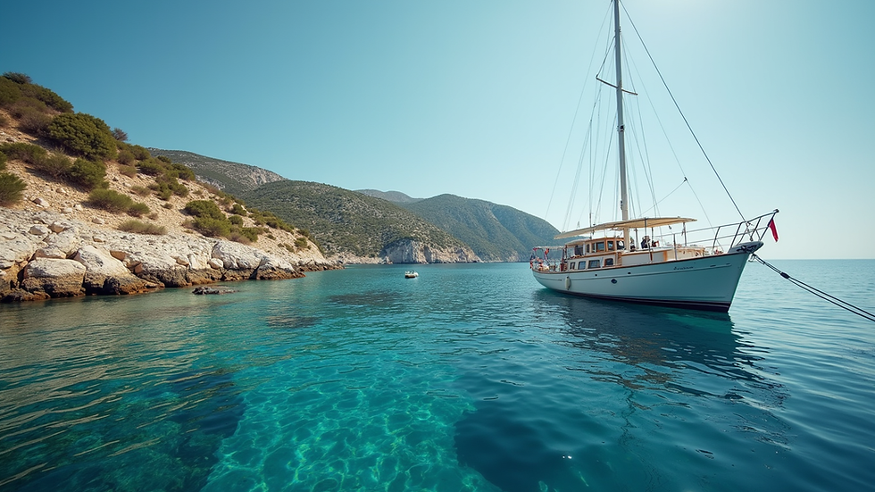 Wide angle view of a dive boat anchored near a rocky Greek coastline