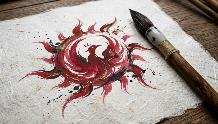 Close-up view of an ink brush resting beside a painted sun on handmade paper