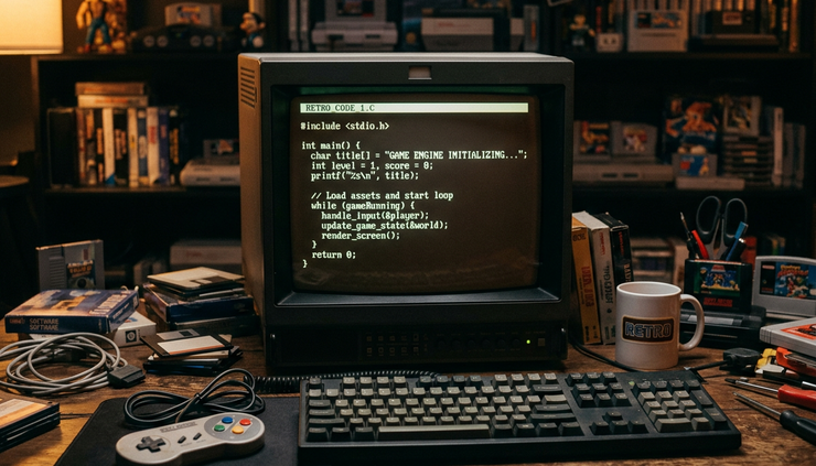 Eye-level view of a glowing computer monitor showing C code in a dark hobby room.