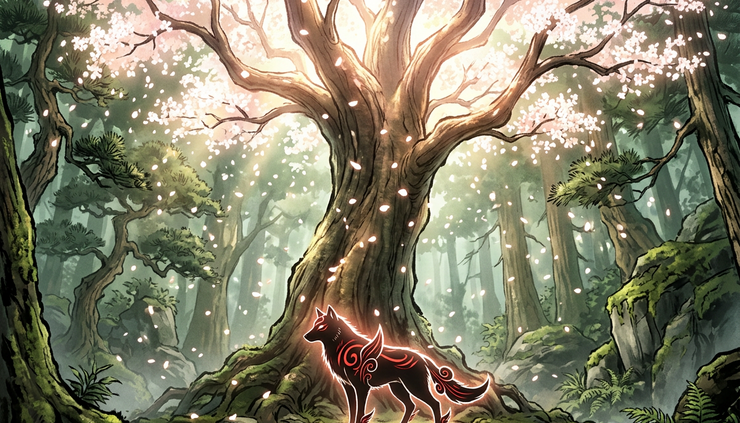 Low-angle view of a white wolf silhouette beneath a giant glowing tree