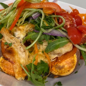 Quick baked sweet potato with salad 