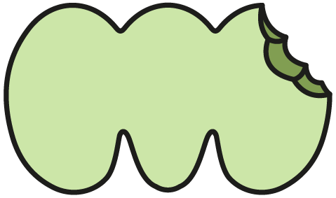 Green stylized worm with a bite taken out of it, cartoon character