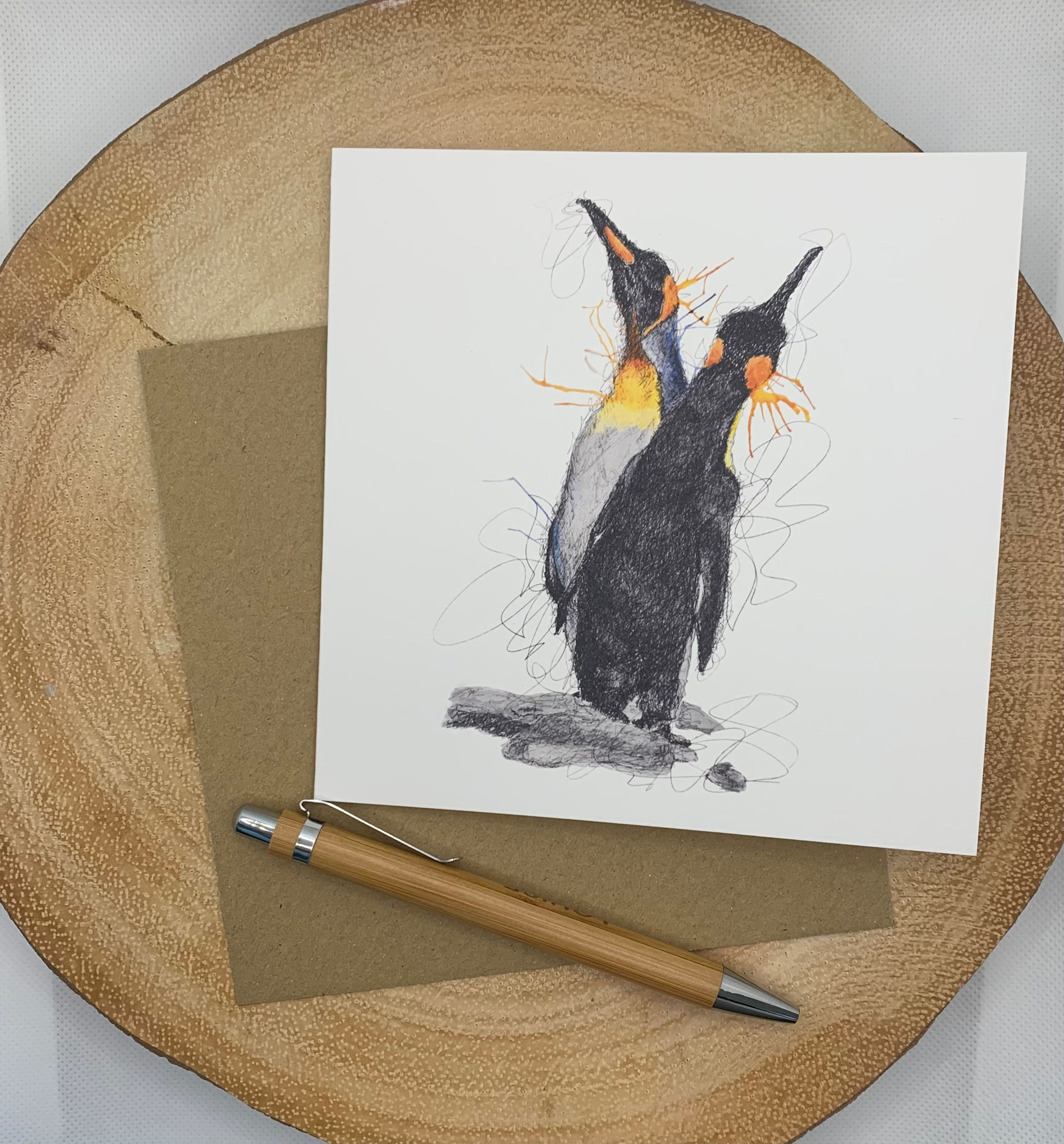 King Penguin 'Penguin Dance' Watercolour Blank Greeting Card