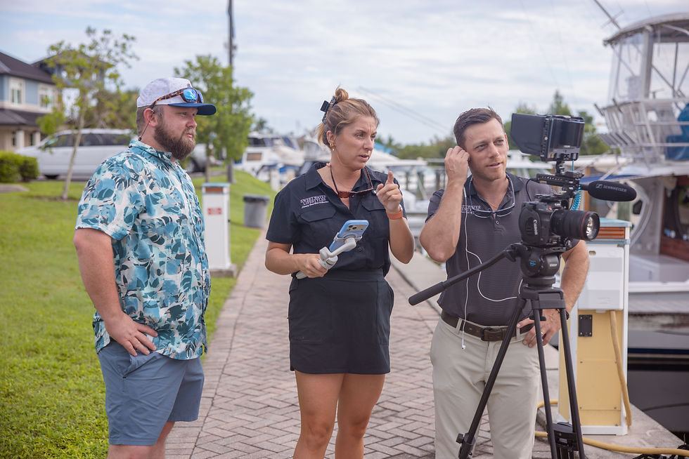 Behind the scenes reviewing a camera on the Sweetwater Lifestyles production